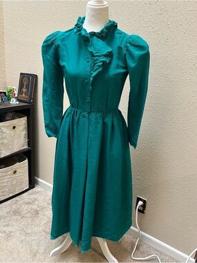 Vintage 50s William Pearson Retro Midi Dress Ruffle Collar High Neck Green Small